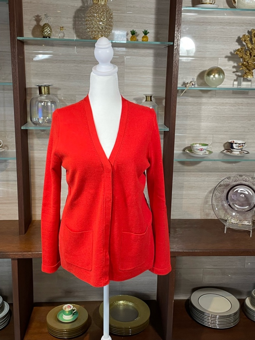 CAbi Bright Red V-Neck Women's Cardigan - 100% Cotton - Covered Snap Front Sz M